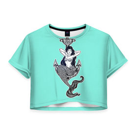 Женская футболка 3D укороченная с принтом Mermaid blue в Курске, 100% полиэстер | круглая горловина, длина футболки до линии талии, рукава с отворотами | 