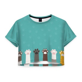 Женская футболка 3D укороченная с принтом Лапки котеек в Курске, 100% полиэстер | круглая горловина, длина футболки до линии талии, рукава с отворотами | cat | cat palm | кот | котейки | котики | котофеи | коты | кошак | кошаки | милости | милота | няшки