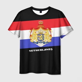 Мужская футболка 3D с принтом Флаг и герб Нидерланды в Курске, 100% полиэфир | прямой крой, круглый вырез горловины, длина до линии бедер | амстердам | голландия | европа