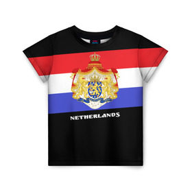 Детская футболка 3D с принтом Флаг и герб Нидерланды в Курске, 100% гипоаллергенный полиэфир | прямой крой, круглый вырез горловины, длина до линии бедер, чуть спущенное плечо, ткань немного тянется | амстердам | голландия | европа