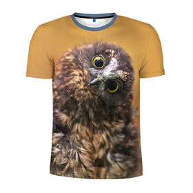 Мужская футболка 3D спортивная с принтом Совёнок в Курске, 100% полиэстер с улучшенными характеристиками | приталенный силуэт, круглая горловина, широкие плечи, сужается к линии бедра | Тематика изображения на принте: взгляд | глаза | клюв | пернатые | перья | прикол | птица | сова | юмор