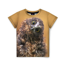 Детская футболка 3D с принтом Совёнок в Курске, 100% гипоаллергенный полиэфир | прямой крой, круглый вырез горловины, длина до линии бедер, чуть спущенное плечо, ткань немного тянется | взгляд | глаза | клюв | пернатые | перья | прикол | птица | сова | юмор