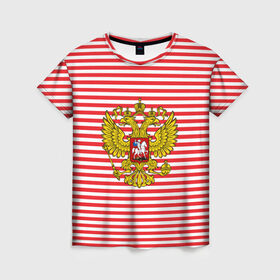 Женская футболка 3D с принтом Тельняшка ВВ и герб РФ в Курске, 100% полиэфир ( синтетическое хлопкоподобное полотно) | прямой крой, круглый вырез горловины, длина до линии бедер | Тематика изображения на принте: красный | полосатый