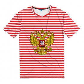 Мужская футболка 3D с принтом Тельняшка ВВ и герб РФ в Курске, 100% полиэфир | прямой крой, круглый вырез горловины, длина до линии бедер | Тематика изображения на принте: красный | полосатый