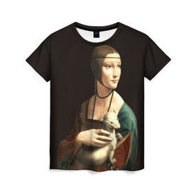 Женская футболка 3D с принтом Дама с горностаем в Курске, 100% полиэфир ( синтетическое хлопкоподобное полотно) | прямой крой, круглый вырез горловины, длина до линии бедер | возрождение | горностаем | горностай | да винчи | дама | искусство | ласка | леонардо | о.м.с.к. | портрет