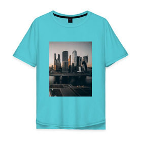 Мужская футболка хлопок Oversize с принтом Москва Сити в Курске, 100% хлопок | свободный крой, круглый ворот, “спинка” длиннее передней части | выставочная | деловой центр | москва | москва река | москва сити | столица