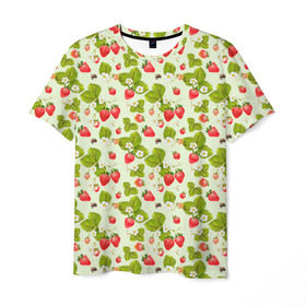 Мужская футболка 3D с принтом Клубничка в Курске, 100% полиэфир | прямой крой, круглый вырез горловины, длина до линии бедер | Тематика изображения на принте: клубника | орнамент | природа | пчела | узор | цветы | ягода