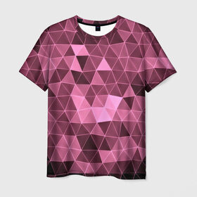 Мужская футболка 3D с принтом Розовые треугольники в Курске, 100% полиэфир | прямой крой, круглый вырез горловины, длина до линии бедер | abstract | gray | lowpoly | polygon | triangle | абстракция | геометрия | полигоны | треугольники