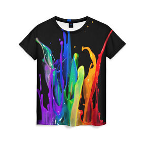 Женская футболка 3D с принтом Краски в Курске, 100% полиэфир ( синтетическое хлопкоподобное полотно) | прямой крой, круглый вырез горловины, длина до линии бедер | Тематика изображения на принте: background | black | bright | paint | rainbow | spectrum | splash | spray | брызги | всплеск | краски | радуга | спектр | фон | черный | яркие
