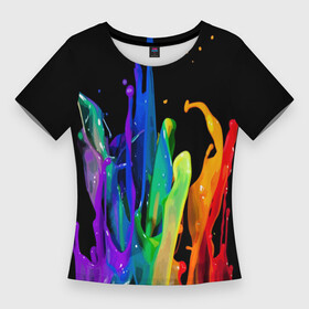 Женская футболка 3D Slim с принтом Краски в Курске,  |  | background | black | bright | paint | rainbow | spectrum | splash | spray | брызги | всплеск | краски | радуга | спектр | фон | черный | яркие