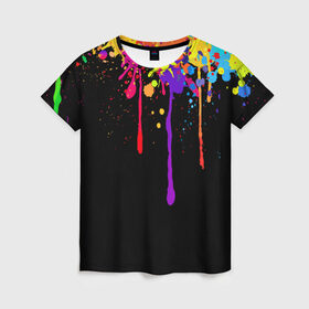 Женская футболка 3D с принтом Краски в Курске, 100% полиэфир ( синтетическое хлопкоподобное полотно) | прямой крой, круглый вырез горловины, длина до линии бедер | брызги | капли | кляксы | краски | спектр | яркие