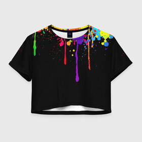 Женская футболка 3D укороченная с принтом Краски в Курске, 100% полиэстер | круглая горловина, длина футболки до линии талии, рукава с отворотами | брызги | капли | кляксы | краски | спектр | яркие