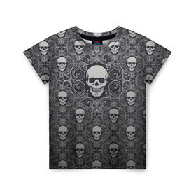 Детская футболка 3D с принтом Black Milk - Skulls - Черепа в Курске, 100% гипоаллергенный полиэфир | прямой крой, круглый вырез горловины, длина до линии бедер, чуть спущенное плечо, ткань немного тянется | Тематика изображения на принте: black milk | metall | pattern | rock | skulls | патерн | узор | череп | черепа | черная