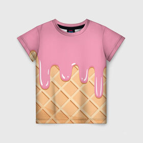 Детская футболка 3D с принтом Я Клубничный Рожок в Курске, 100% гипоаллергенный полиэфир | прямой крой, круглый вырез горловины, длина до линии бедер, чуть спущенное плечо, ткань немного тянется | ваниль | вафля | вкус | вкусно | вкусняшка | десерт | жара | капли | клубника | лед | лето | молоко | мороженка | мороженое | пломбир | принт | рожок | сладость | шоколад | эскимо