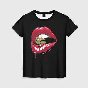 Женская футболка 3D с принтом Пуля в зубах в Курске, 100% полиэфир ( синтетическое хлопкоподобное полотно) | прямой крой, круглый вырез горловины, длина до линии бедер | губы | золотой зуб | краска | красная помада | красный | пуля
