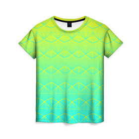 Женская футболка 3D с принтом Летний бриз в Курске, 100% полиэфир ( синтетическое хлопкоподобное полотно) | прямой крой, круглый вырез горловины, длина до линии бедер | summer | градиент | желтый | зеленый | лето | синий | узор