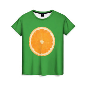 Женская футболка 3D с принтом Низкополигональный апельсин в Курске, 100% полиэфир ( синтетическое хлопкоподобное полотно) | прямой крой, круглый вырез горловины, длина до линии бедер | lowpoly | polygonal | апельсин | зеленый | оранджевый | полигон | полигональный | полигоны | яркий