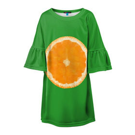 Детское платье 3D с принтом Низкополигональный апельсин в Курске, 100% полиэстер | прямой силуэт, чуть расширенный к низу. Круглая горловина, на рукавах — воланы | lowpoly | polygonal | апельсин | зеленый | оранджевый | полигон | полигональный | полигоны | яркий