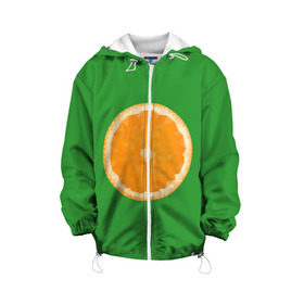 Детская куртка 3D с принтом Низкополигональный апельсин в Курске, 100% полиэстер | застежка — молния, подол и капюшон оформлены резинкой с фиксаторами, по бокам — два кармана без застежек, один потайной карман на груди, плотность верхнего слоя — 90 г/м2; плотность флисового подклада — 260 г/м2 | lowpoly | polygonal | апельсин | зеленый | оранджевый | полигон | полигональный | полигоны | яркий