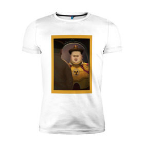 Мужская футболка премиум с принтом Счастливый Ким в Курске, 92% хлопок, 8% лайкра | приталенный силуэт, круглый вырез ворота, длина до линии бедра, короткий рукав | ким чен ын | северная корея