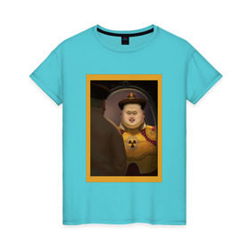 Женская футболка хлопок с принтом Счастливый Ким в Курске, 100% хлопок | прямой крой, круглый вырез горловины, длина до линии бедер, слегка спущенное плечо | ким чен ын | северная корея