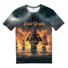 Мужская футболка 3D с принтом Skull and Bones в Курске, 100% полиэфир | прямой крой, круглый вырез горловины, длина до линии бедер | игра | корабль | кости | море | огонь | пират | пламя | череп