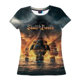 Женская футболка 3D с принтом Skull and Bones в Курске, 100% полиэфир ( синтетическое хлопкоподобное полотно) | прямой крой, круглый вырез горловины, длина до линии бедер | игра | корабль | кости | море | огонь | пират | пламя | череп
