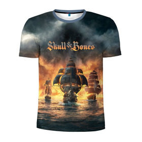 Мужская футболка 3D спортивная с принтом Skull and Bones в Курске, 100% полиэстер с улучшенными характеристиками | приталенный силуэт, круглая горловина, широкие плечи, сужается к линии бедра | игра | корабль | кости | море | огонь | пират | пламя | череп