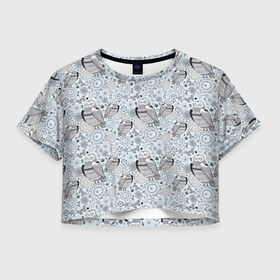 Женская футболка 3D укороченная с принтом Совы в Курске, 100% полиэстер | круглая горловина, длина футболки до линии талии, рукава с отворотами | совы
