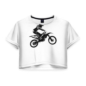 Женская футболка 3D укороченная с принтом Мотокросс в Курске, 100% полиэстер | круглая горловина, длина футболки до линии талии, рукава с отворотами | motocross | motorcycle | motorcyclist | silhouette | speed | stencil | мотокросс | мотоцикл | мотоциклист | силуэт | скорость | трафарет