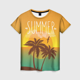 Женская футболка 3D с принтом Летний пляж в Курске, 100% полиэфир ( синтетическое хлопкоподобное полотно) | прямой крой, круглый вырез горловины, длина до линии бедер | summer | sun | лето | море | пальмы | пляж | солнце | чайка