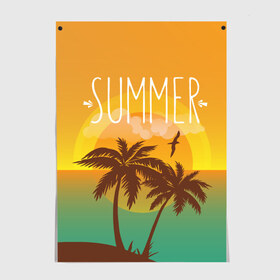 Постер с принтом Летний пляж в Курске, 100% бумага
 | бумага, плотность 150 мг. Матовая, но за счет высокого коэффициента гладкости имеет небольшой блеск и дает на свету блики, но в отличии от глянцевой бумаги не покрыта лаком | summer | sun | лето | море | пальмы | пляж | солнце | чайка