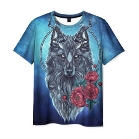 Мужская футболка 3D с принтом Волк с цветами в Курске, 100% полиэфир | прямой крой, круглый вырез горловины, длина до линии бедер | арт | волк | космос | пионы | цветы