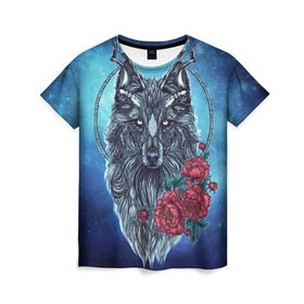 Женская футболка 3D с принтом Волк с цветами в Курске, 100% полиэфир ( синтетическое хлопкоподобное полотно) | прямой крой, круглый вырез горловины, длина до линии бедер | арт | волк | космос | пионы | цветы
