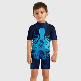 Детский купальный костюм 3D с принтом крутой осьминог в Курске, Полиэстер 85%, Спандекс 15% | застежка на молнии на спине | вода | море | океан | осьминог | подводный мир | рыбы