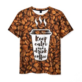 Мужская футболка 3D с принтом keep calm and drink coffee в Курске, 100% полиэфир | прямой крой, круглый вырез горловины, длина до линии бедер | coffee | keep calm | кофе