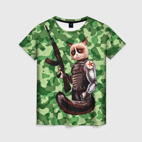 Женская футболка 3D с принтом Воинственный кот в Курске, 100% полиэфир ( синтетическое хлопкоподобное полотно) | прямой крой, круглый вырез горловины, длина до линии бедер | армия | арт | воин | животные | камуфляж | оружие