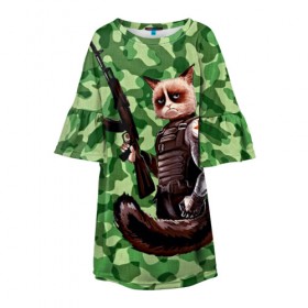 Детское платье 3D с принтом Воинственный кот в Курске, 100% полиэстер | прямой силуэт, чуть расширенный к низу. Круглая горловина, на рукавах — воланы | армия | арт | воин | животные | камуфляж | оружие