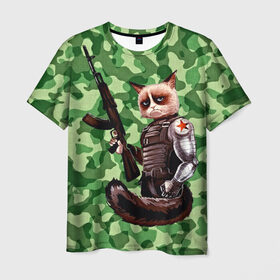 Мужская футболка 3D с принтом Воинственный кот в Курске, 100% полиэфир | прямой крой, круглый вырез горловины, длина до линии бедер | армия | арт | воин | животные | камуфляж | оружие