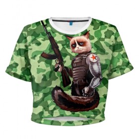 Женская футболка 3D укороченная с принтом Воинственный кот в Курске, 100% полиэстер | круглая горловина, длина футболки до линии талии, рукава с отворотами | армия | арт | воин | животные | камуфляж | оружие