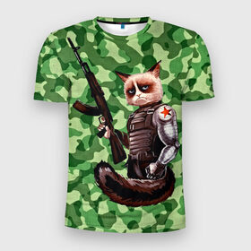 Мужская футболка 3D спортивная с принтом Воинственный кот в Курске, 100% полиэстер с улучшенными характеристиками | приталенный силуэт, круглая горловина, широкие плечи, сужается к линии бедра | Тематика изображения на принте: армия | арт | воин | животные | камуфляж | оружие