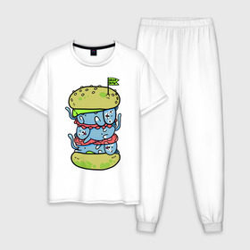 Мужская пижама хлопок с принтом drop dead в Курске, 100% хлопок | брюки и футболка прямого кроя, без карманов, на брюках мягкая резинка на поясе и по низу штанин
 | Тематика изображения на принте: burger | cat | citty | hamburger | бургер | гамбургер | кот | кошка