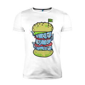 Мужская футболка премиум с принтом drop dead в Курске, 92% хлопок, 8% лайкра | приталенный силуэт, круглый вырез ворота, длина до линии бедра, короткий рукав | Тематика изображения на принте: burger | cat | citty | hamburger | бургер | гамбургер | кот | кошка