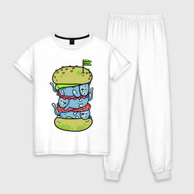 Женская пижама хлопок с принтом drop dead в Курске, 100% хлопок | брюки и футболка прямого кроя, без карманов, на брюках мягкая резинка на поясе и по низу штанин | burger | cat | citty | hamburger | бургер | гамбургер | кот | кошка