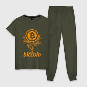 Женская пижама хлопок с принтом Bitcoin Tree - Дерево Биткоин в Курске, 100% хлопок | брюки и футболка прямого кроя, без карманов, на брюках мягкая резинка на поясе и по низу штанин | Тематика изображения на принте: bitcoin | blockchain | tree | биткоин | блокчейн | валюта | деньги | дерево | крипто | криптовалюта | майнинг | технологии