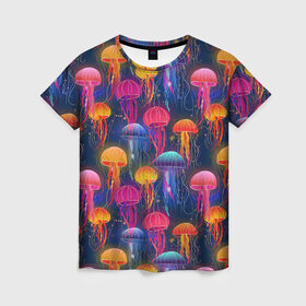 Женская футболка 3D с принтом Медузы в Курске, 100% полиэфир ( синтетическое хлопкоподобное полотно) | прямой крой, круглый вырез горловины, длина до линии бедер | лето | медузы | море | океан. рыбы | подводный мир