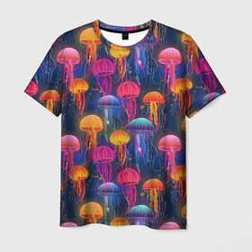 Мужская футболка 3D с принтом Медузы в Курске, 100% полиэфир | прямой крой, круглый вырез горловины, длина до линии бедер | лето | медузы | море | океан. рыбы | подводный мир