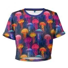 Женская футболка 3D укороченная с принтом Медузы в Курске, 100% полиэстер | круглая горловина, длина футболки до линии талии, рукава с отворотами | лето | медузы | море | океан. рыбы | подводный мир