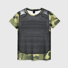Женская футболка 3D с принтом Бронежилет + камуфляж в Курске, 100% полиэфир ( синтетическое хлопкоподобное полотно) | прямой крой, круглый вырез горловины, длина до линии бедер | 23февраля | 9 мая | csgo | бронежилет | варфейс | военные | игры | ксго | лучшее