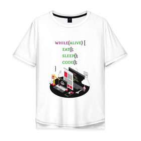 Мужская футболка хлопок Oversize с принтом Code while alive в Курске, 100% хлопок | свободный крой, круглый ворот, “спинка” длиннее передней части | code | dev | developer | development | lifestyle | код | программа | программирование | программист | разработка | разработчик | стиль жизни